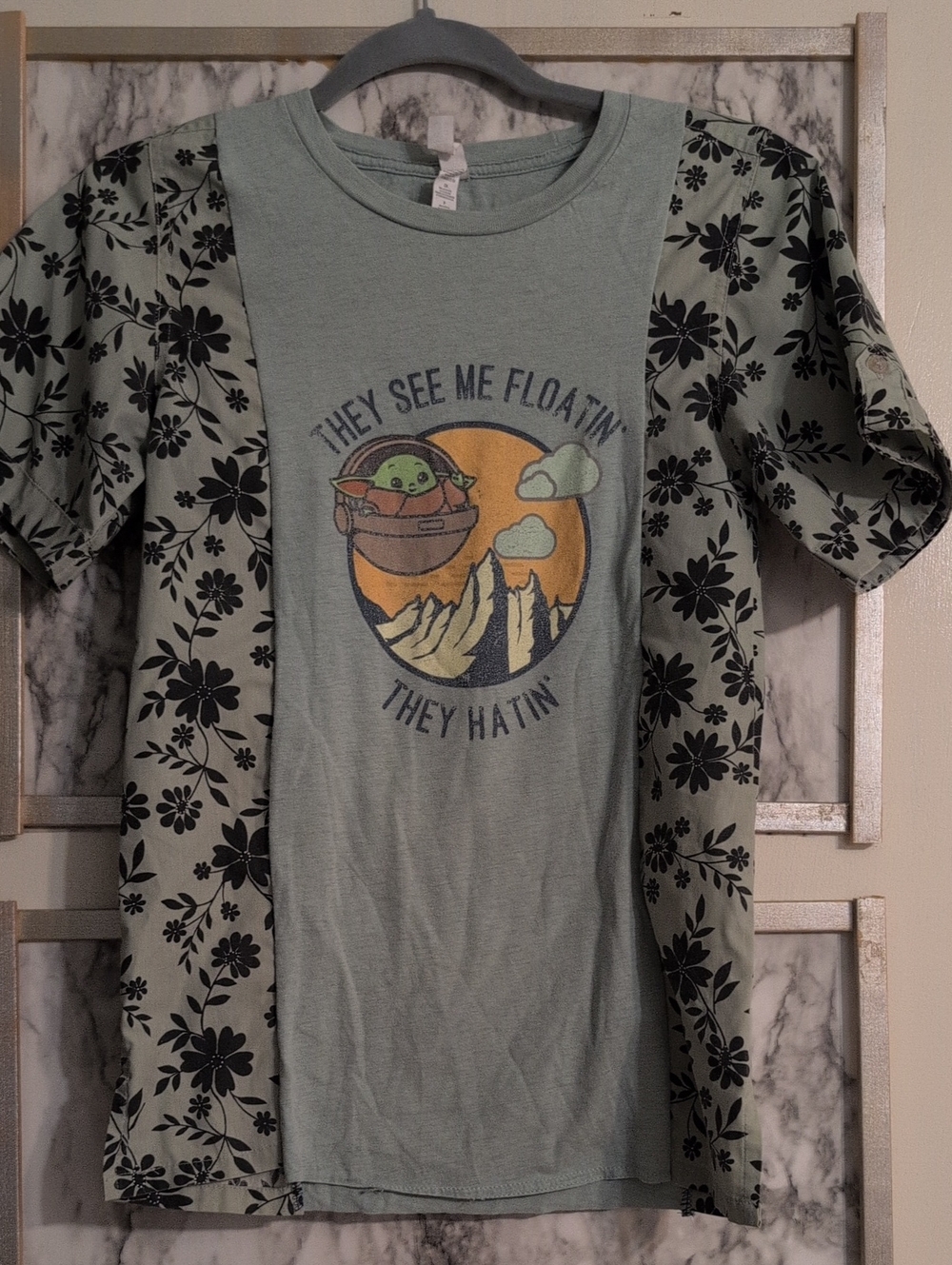 Baby Yoda Upcycled Graphic T Floral Mashup